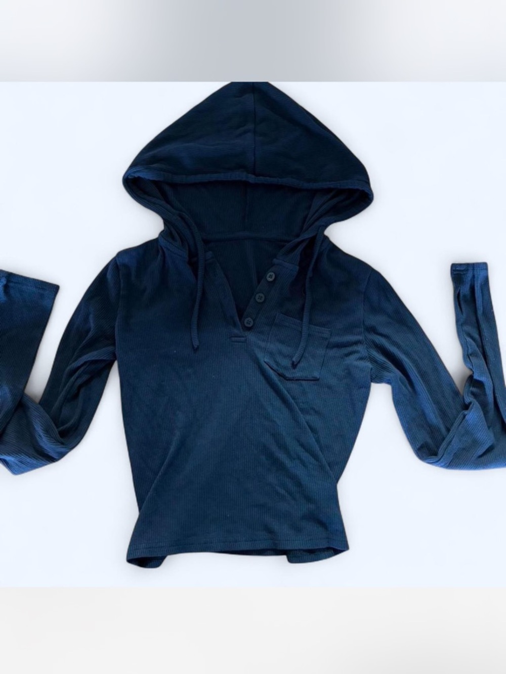 Navy Hooded Henley Top with Buttons